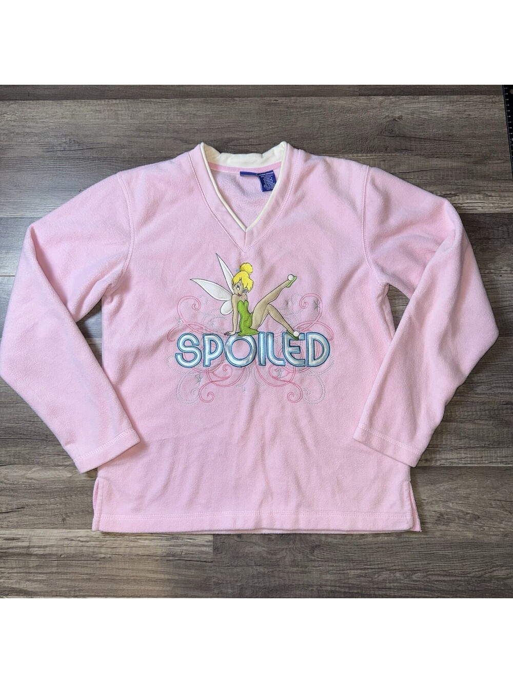 RARE VINTAGE DISNEY Tinkerbell pink fleece V- Neck sweater SIZE Medium Spoiled